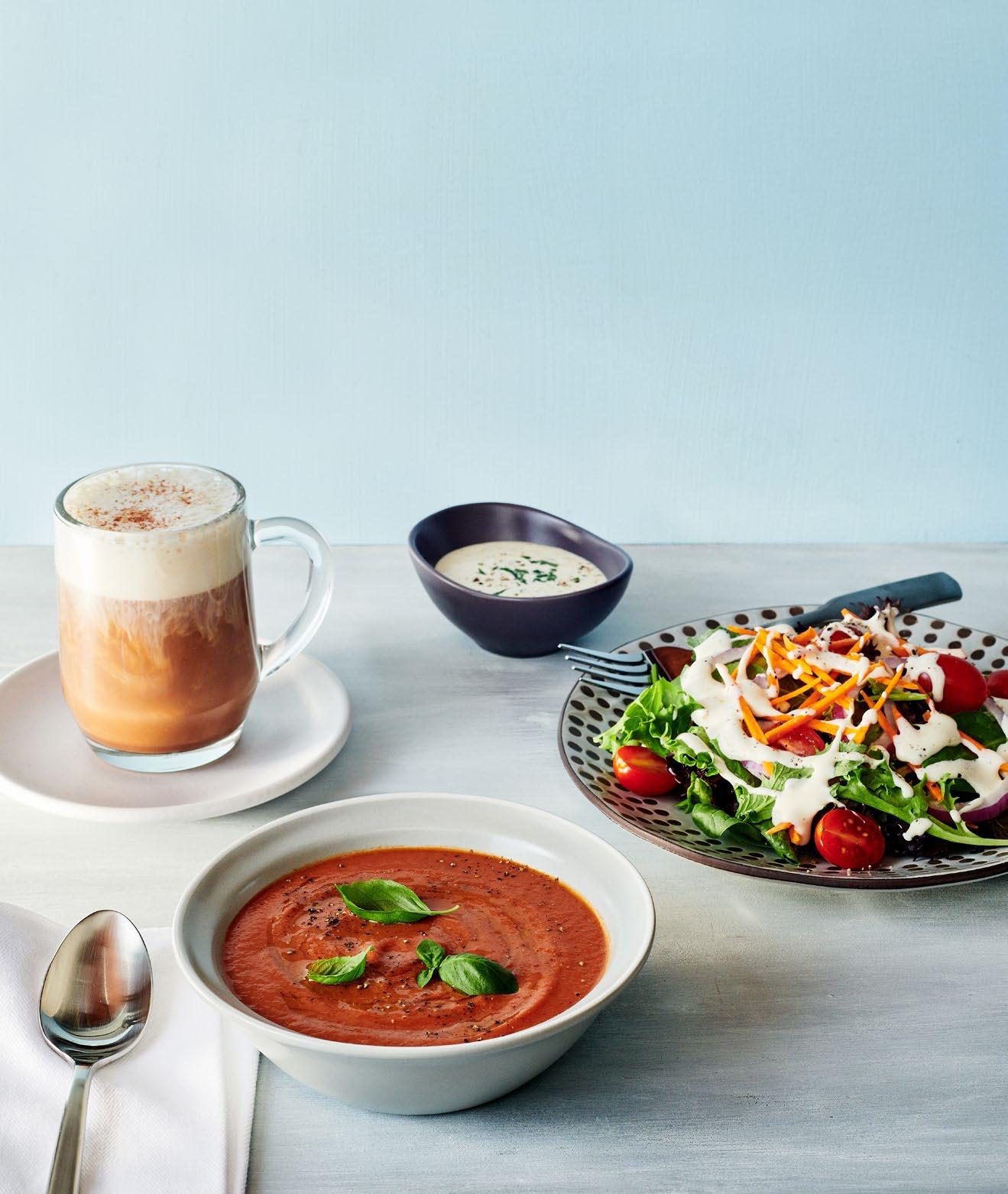 From left to right: Almond Chai Tea Latte; Creamy Vegan Tomato Soup; Dairy Free Ranch Dressing. Find these recipes and more on page 28. 