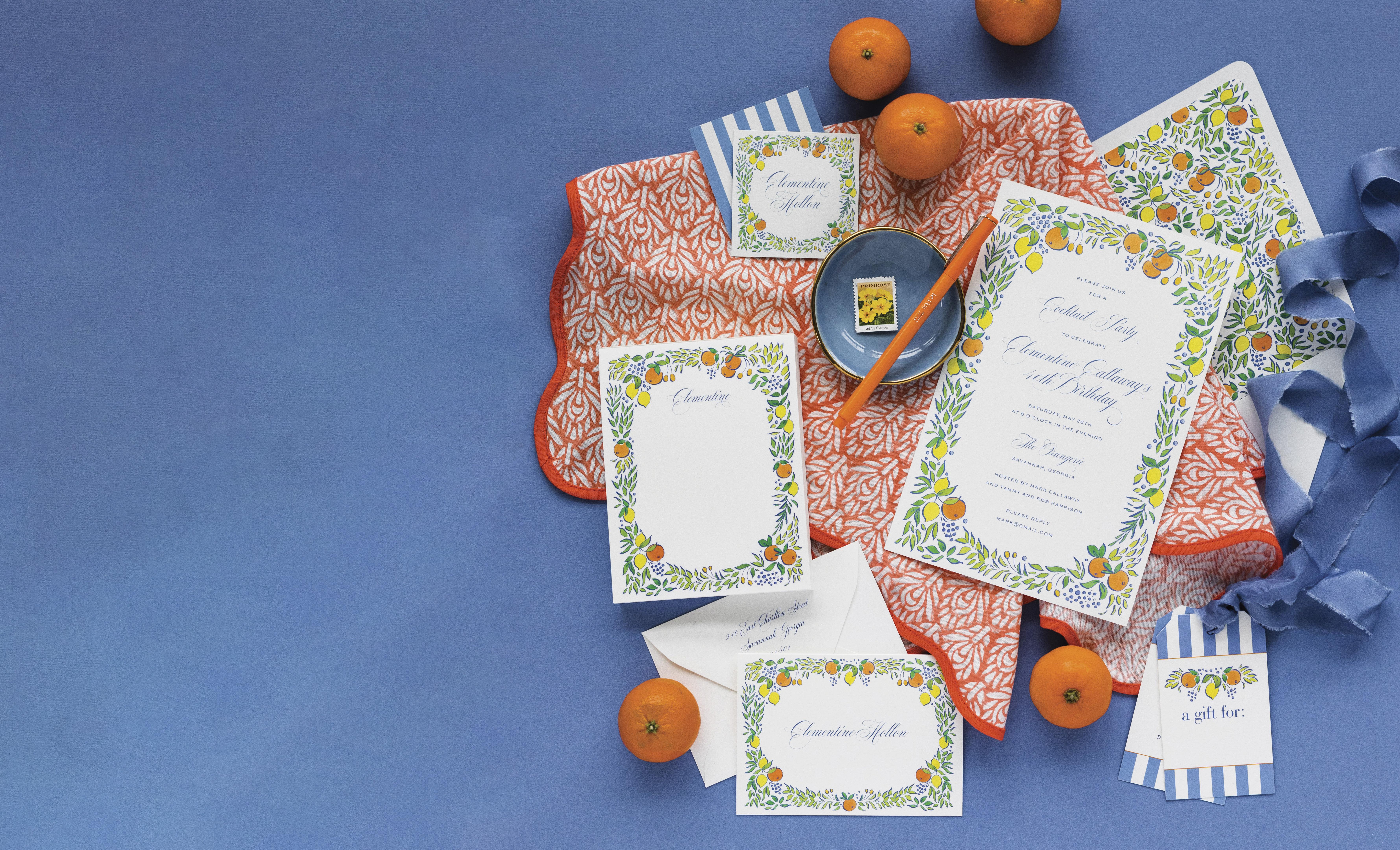 Citrus-themed custom stationery and invitations by artist Holly Horton of Dogwood Hill design studio, Dogwood-Hill.com