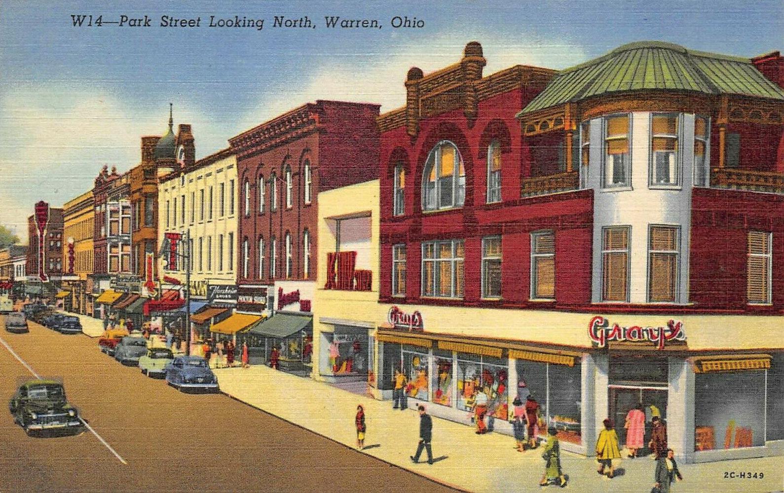 North Park Avenue, looking northeast, downtown Warren. Undated linen postcard.