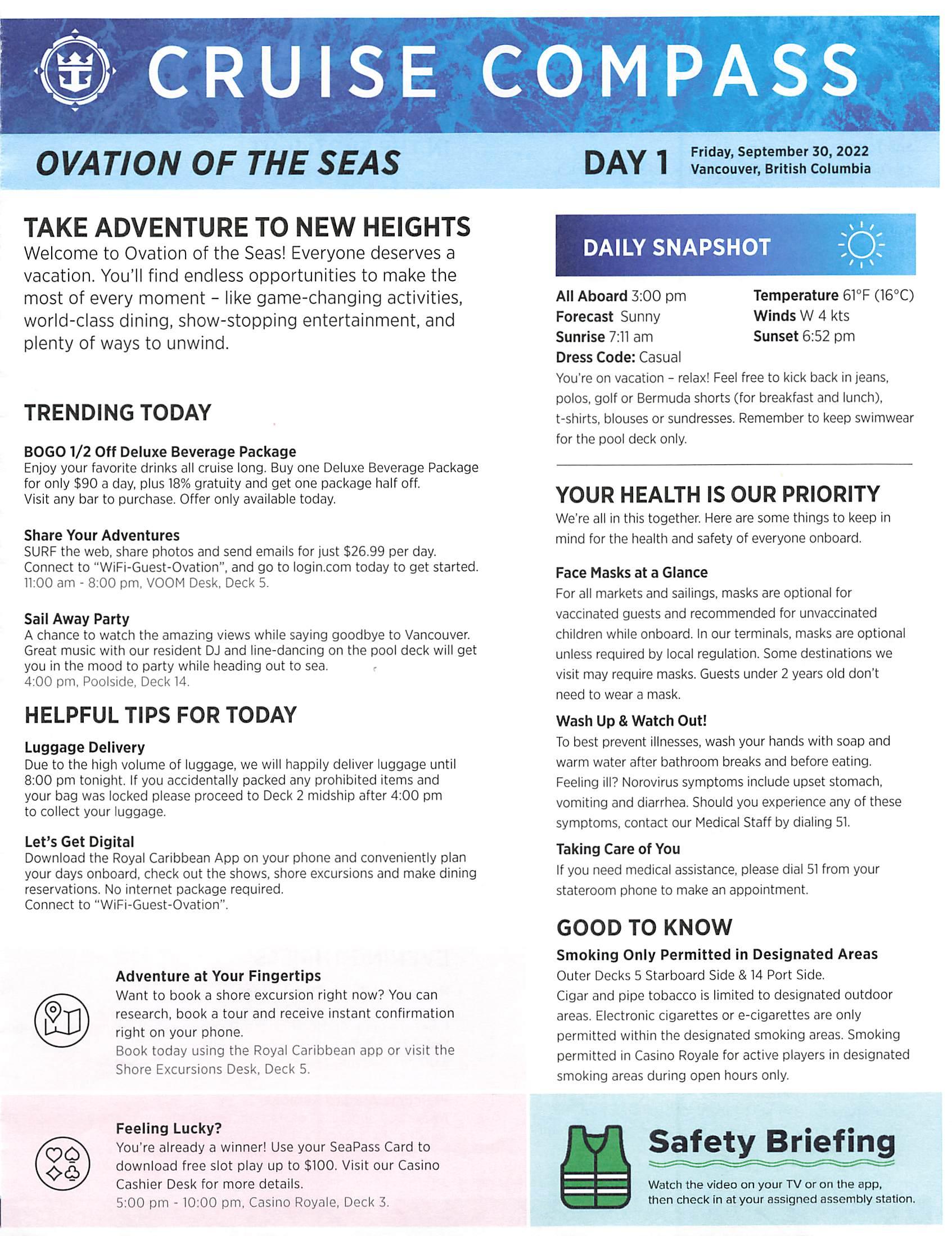 Ovation of the Seas 9night Hawaii Cruise Compass September 30, 2022