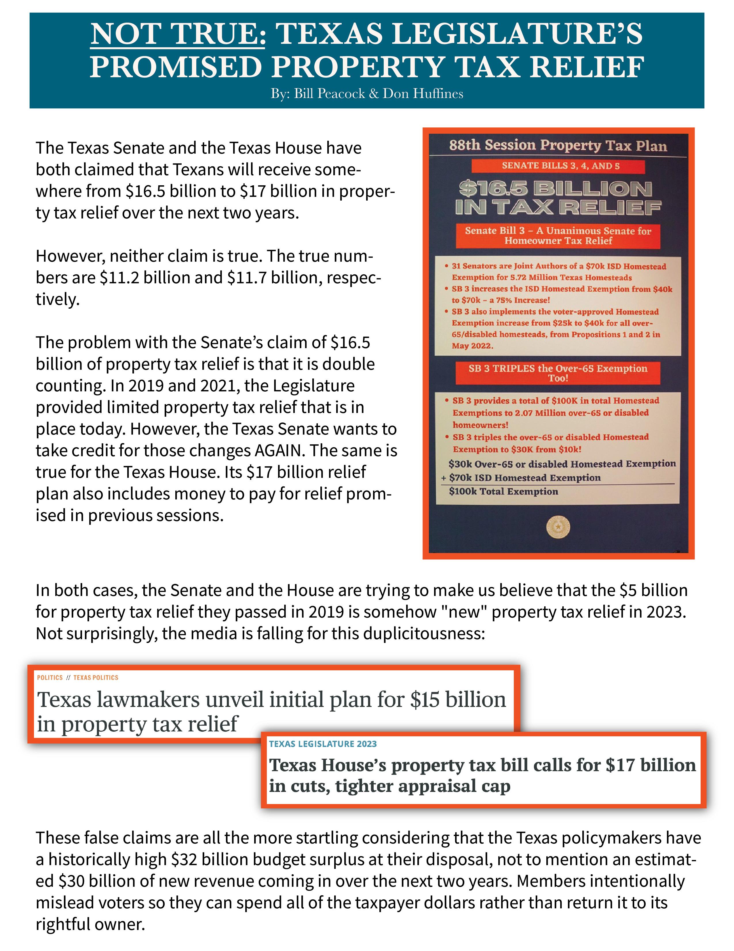 Not True Texas Legislature’s Promised Tax Relief by Huffines Liberty