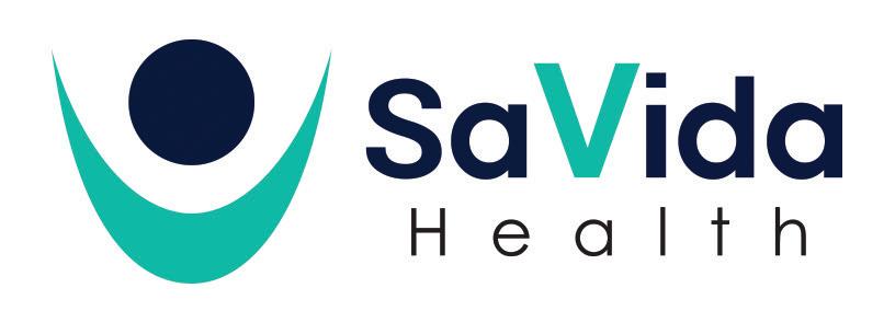 SaVida Health logo showing a teal U-shape with a dark blue circle above it, next to the text "SaVida Health" in dark blue and gray.