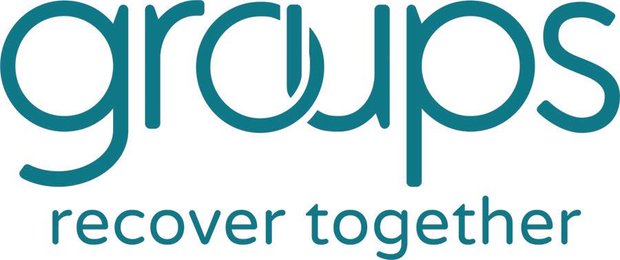 Teal text reading "groups" above "recover together" on white background.