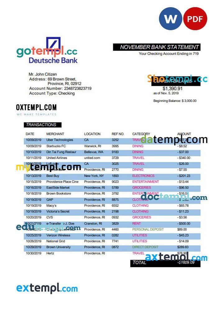 Germany Deutsche bank proof of address statement template in Word and