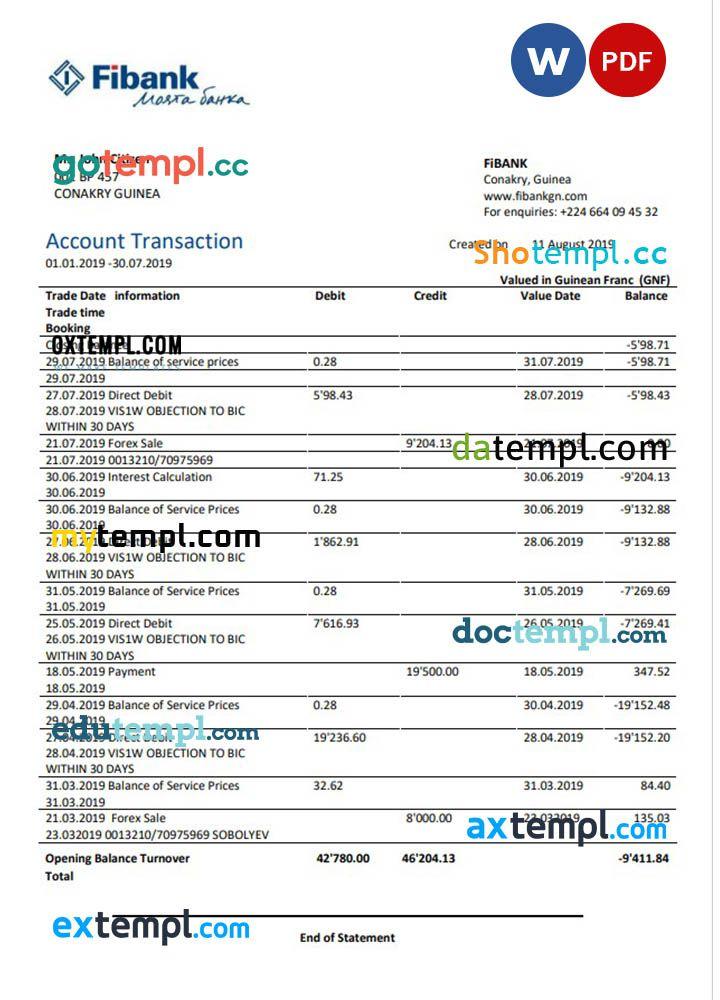 Guinea Fibank proof of address bank statement template in Word and PDF