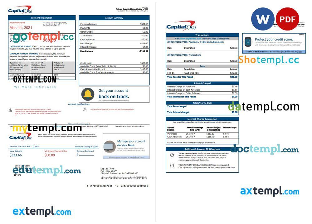 USA Capital One banking statement template in Word and PDF format (2