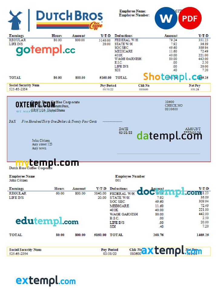 USA Dutch Bros Coffee Corporate coffeehouse company paycheck Word and