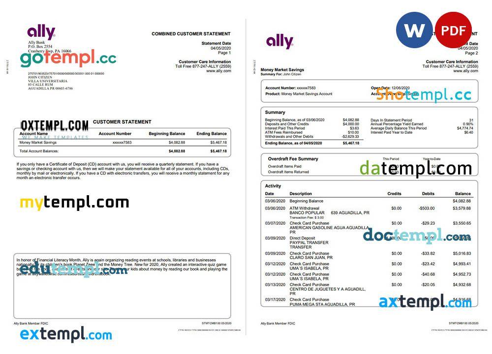 USA Ally Bank statement template in Word and PDF format (4 pages) by