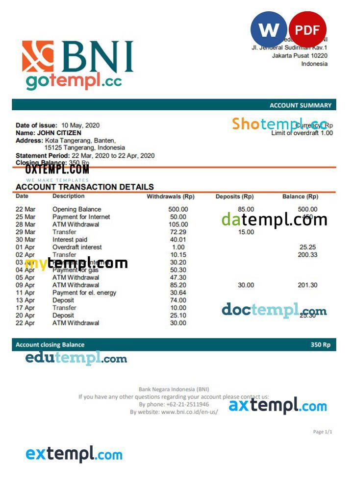 Indonesia Bank Negara Indonesia (BNI) proof of address bank statement