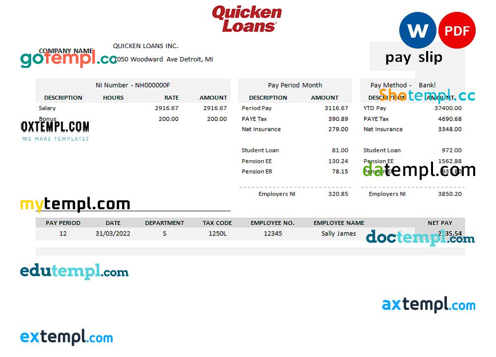 USA Quicken Loans Inc. mortgage loan company paycheck Word and PDF