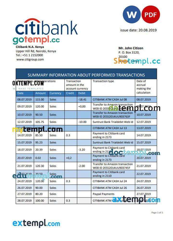 Kenya Citibank bank statement template in Word and PDF format by