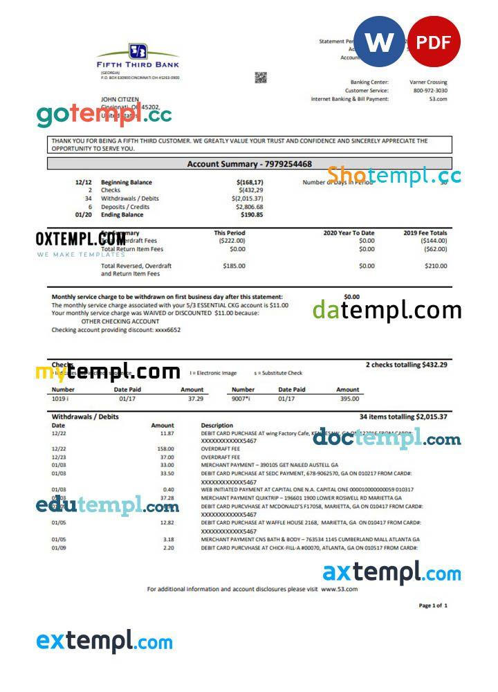 USA Fifth Third banking statement in Word and PDF (.doc and .pdf