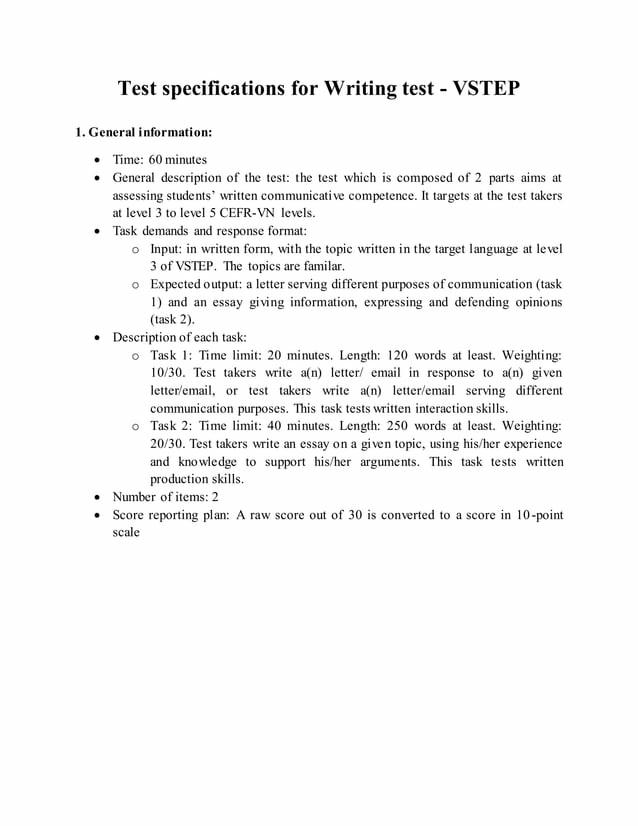 Reading Test Specification For Writing Test Vstep by ngerakinap1977