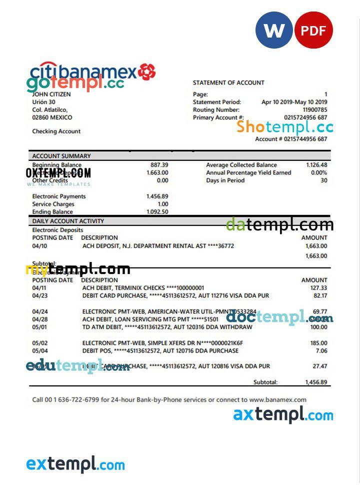 Mexico Citibanamex bank proof of address statement template in Word and
