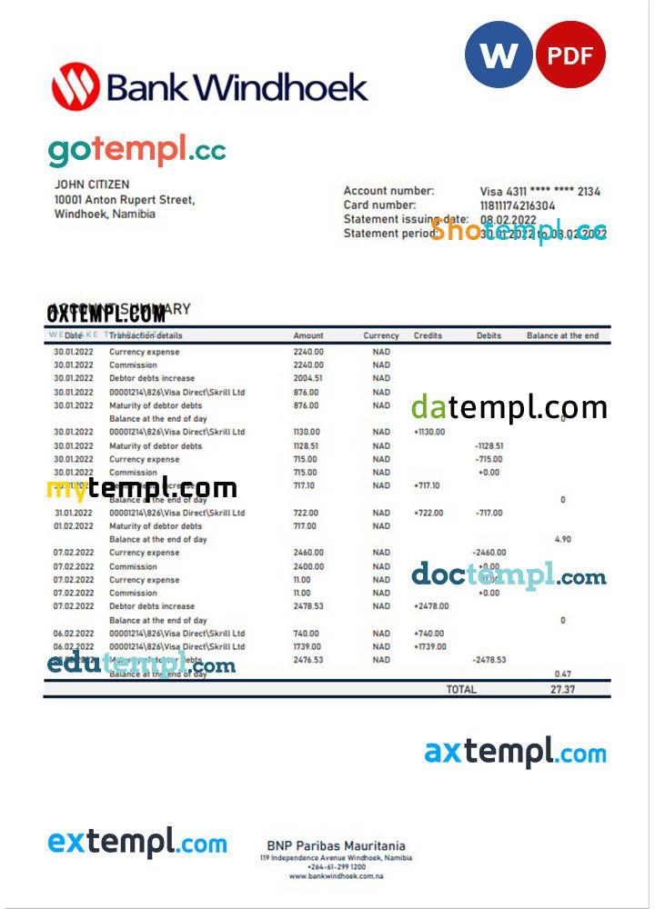 Namibia Bank Windhoek bank statement template in Word and PDF format by