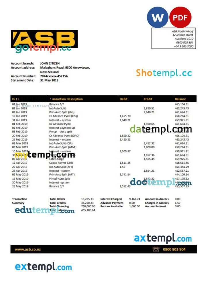 New Zealand ASB proof of addres bank statement template in Word and PDF