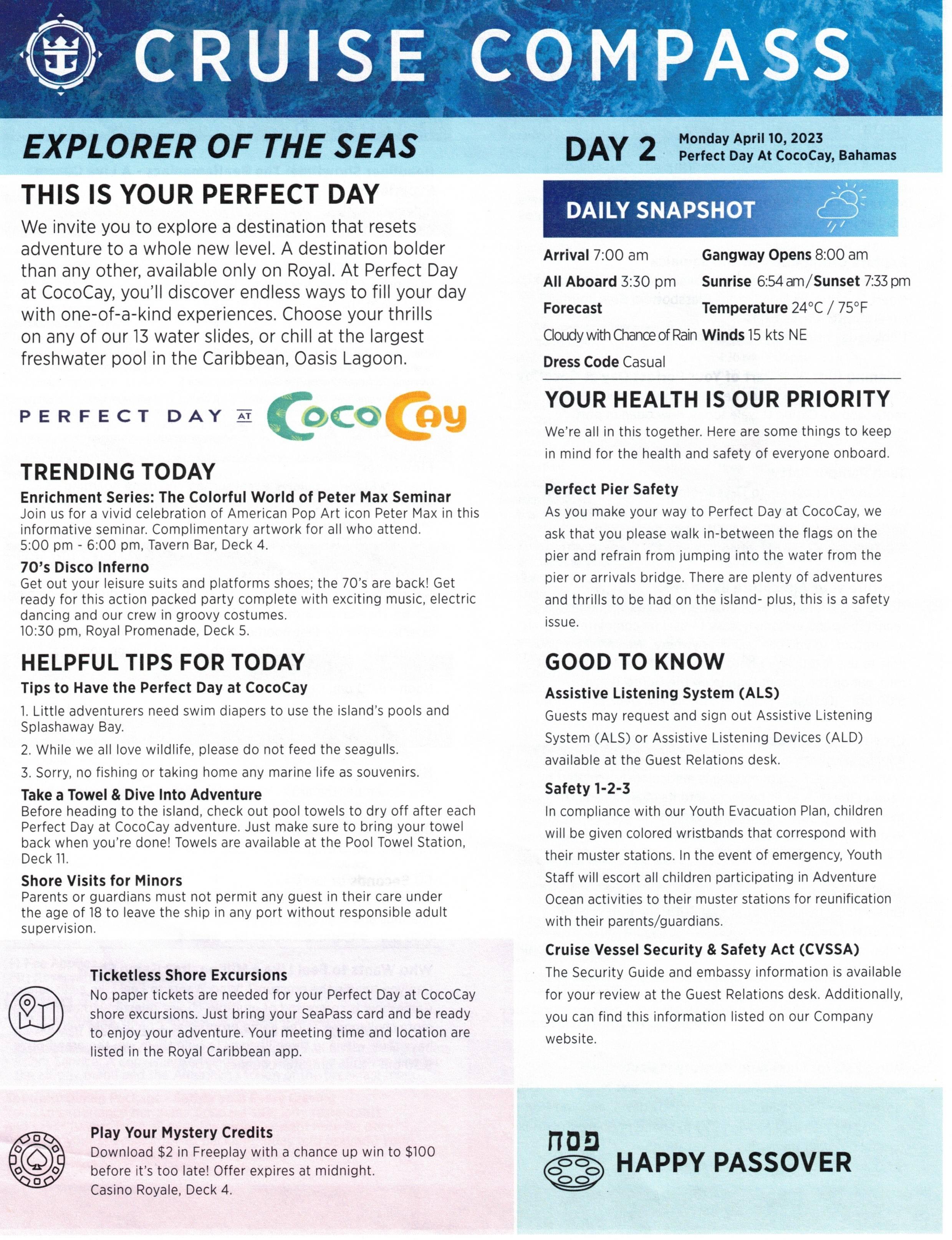 Explorer Of The Seas 6 night Western Caribbean Cruise Compass April 9 