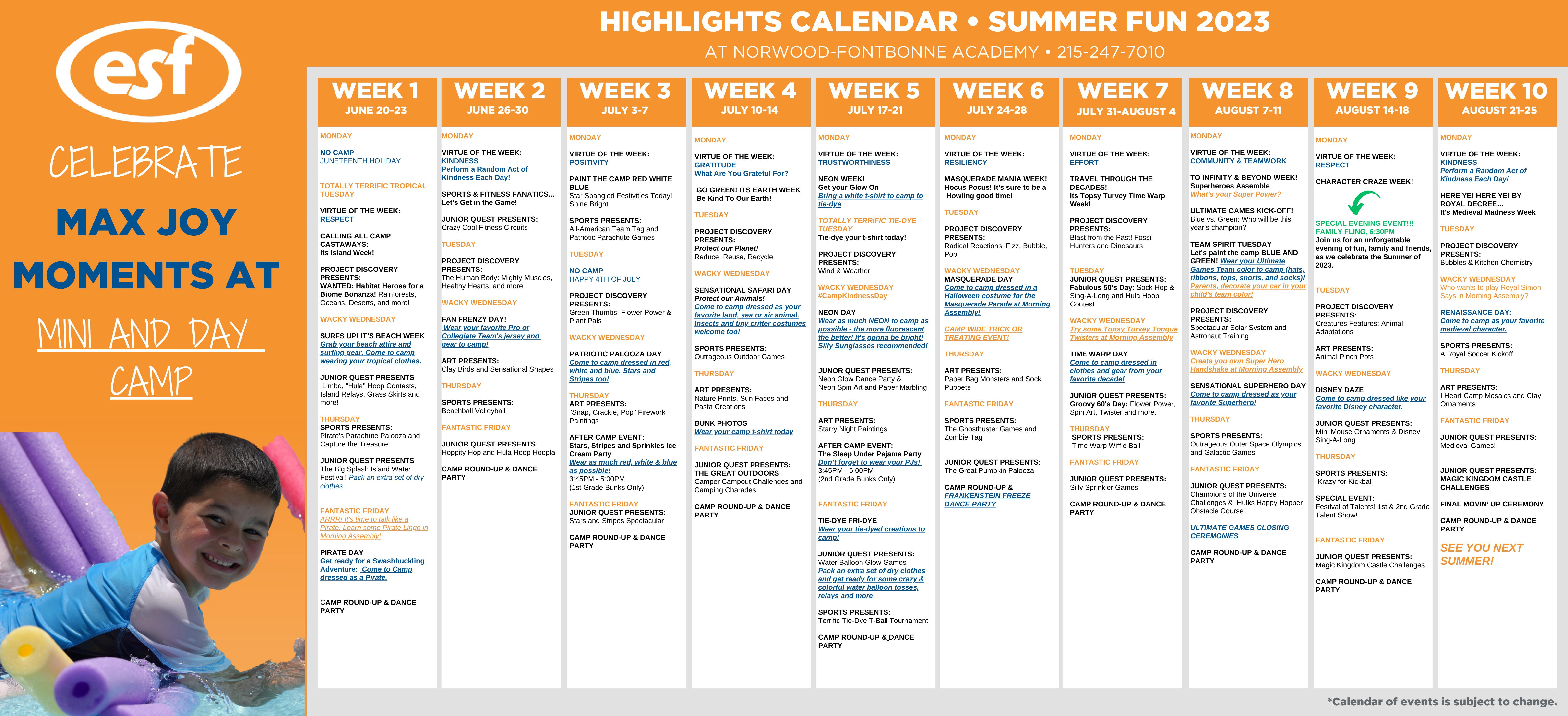 ESF Camps NorwoodFontbonne Academy Mini and Day Camp Calendar by