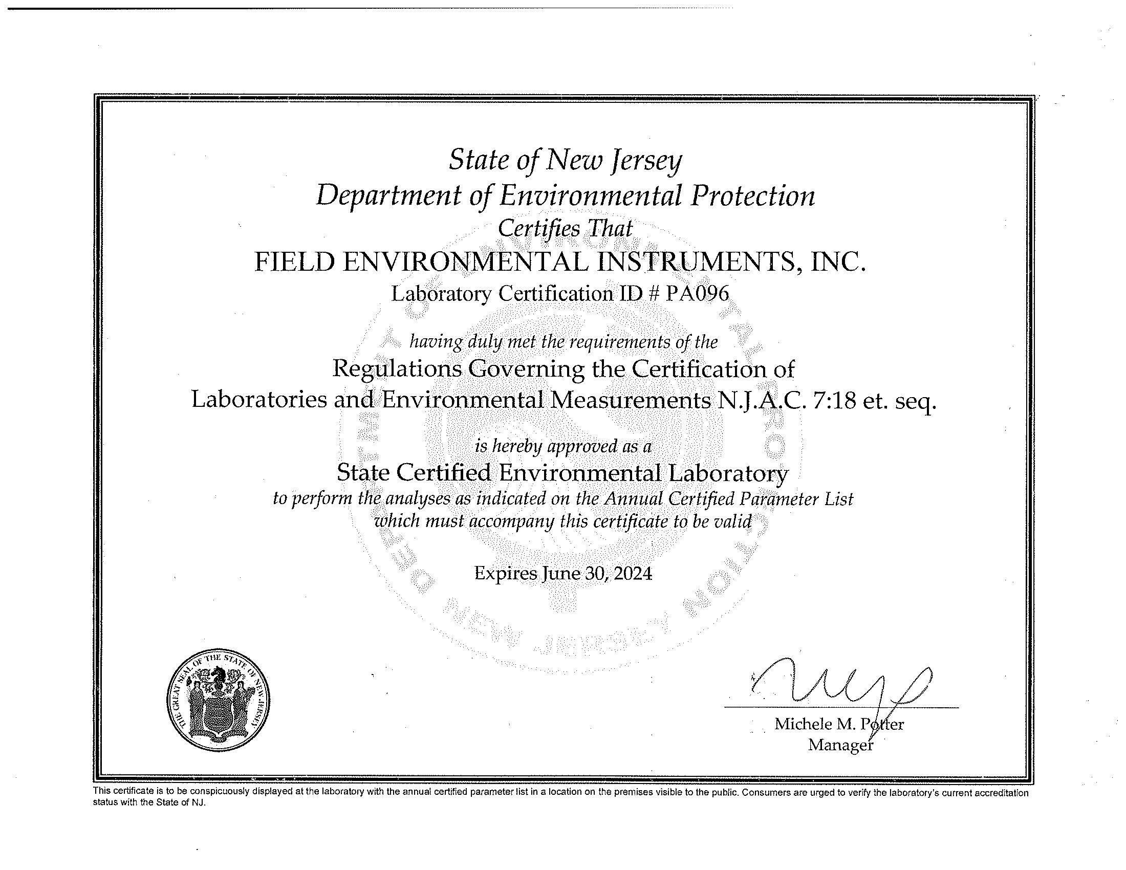 New Jersey Lab Certification for Water Quality Qualifications Statement