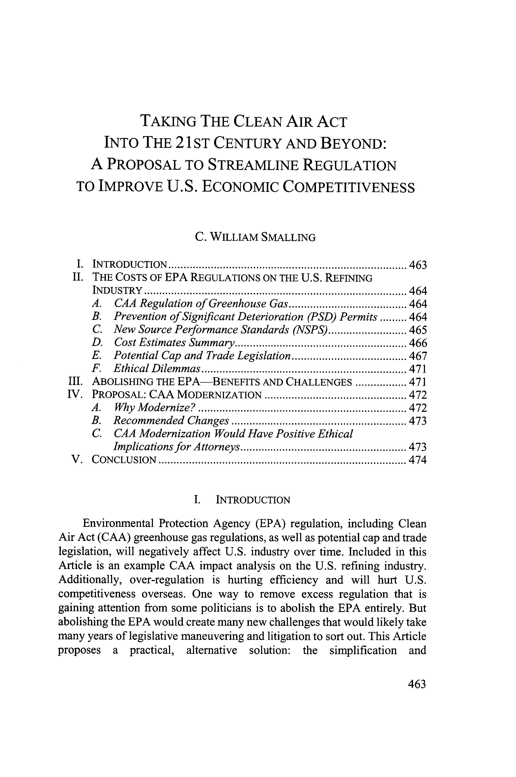 TAKING THE CLEAN AIR ACT INTO THE 21ST CENTURY AND BEYOND:
A PROPOSAL TO STREAMLINE REGULATION
TO IMPROVE U.S. ECONOMIC COMPETITIVENESS