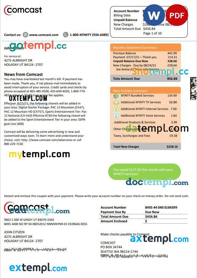 USA Utah Comcast utility bill template in Word and PDF format version 2