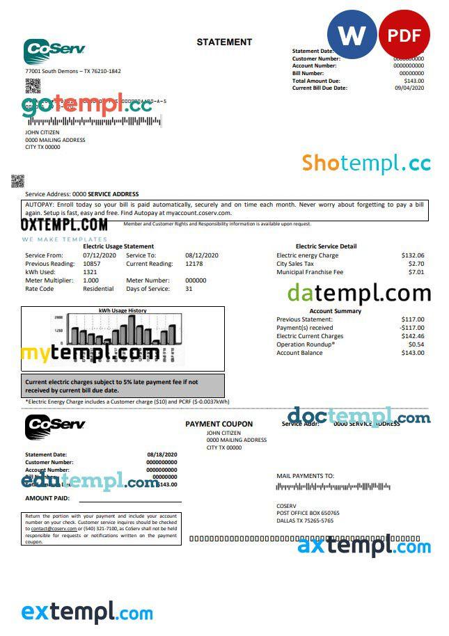 USA Texas CoServ utility bill template in Word and PDF format by ...