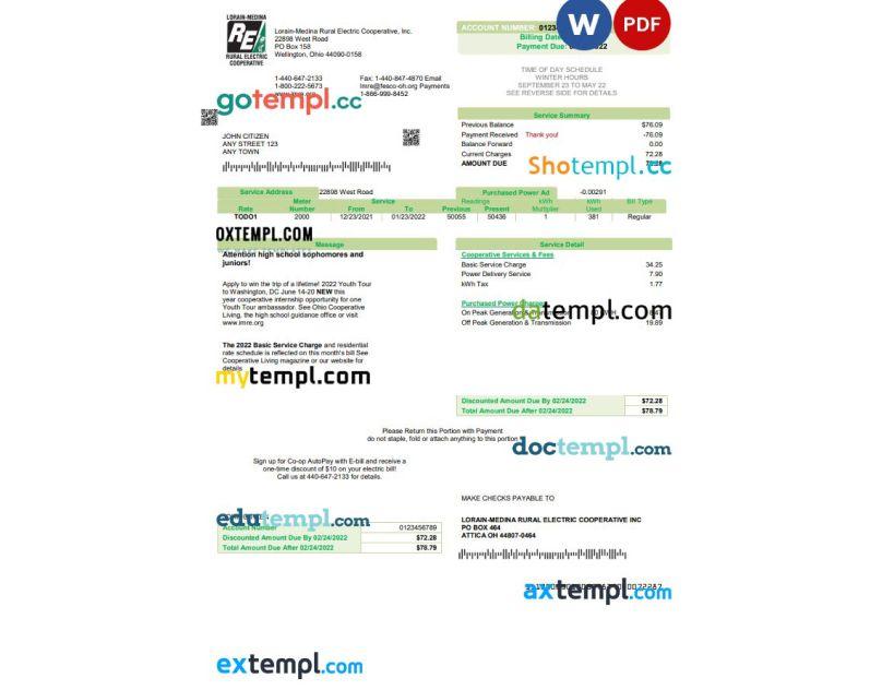 USA Ohio LorainMedina Rural Electric utility bill template in Word and