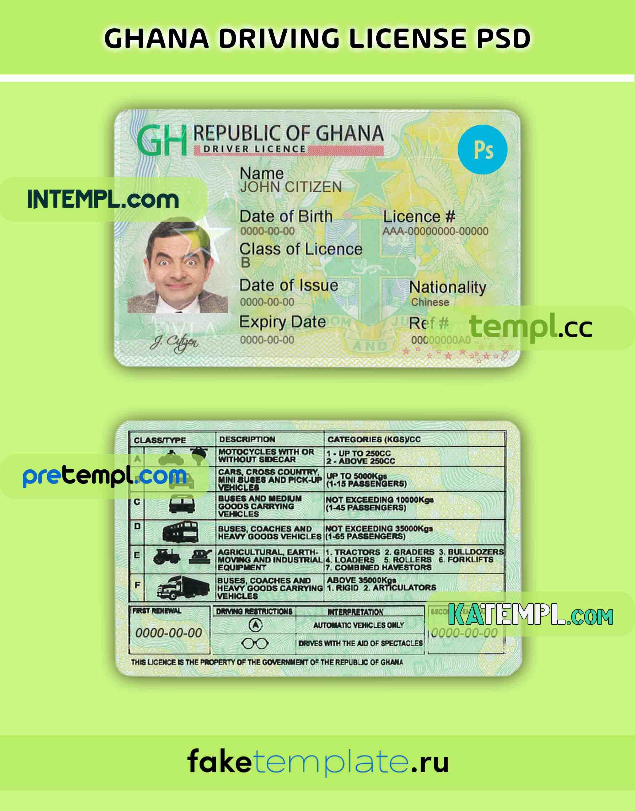 Ghana driving license PSD download template with fonts by Intemplstore