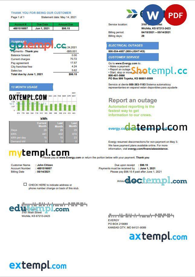 USA Missouri Evergy electricity utility bill template in .doc and .pdf