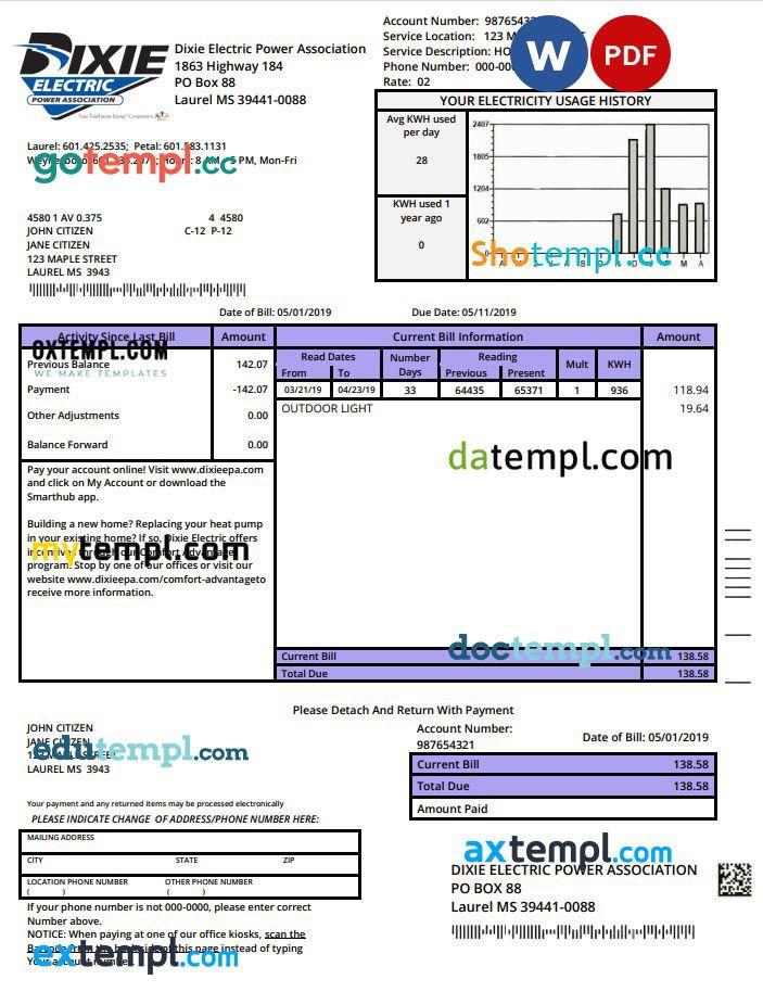 USA Mississipi Dixie Electric utility bill template in Word and PDF