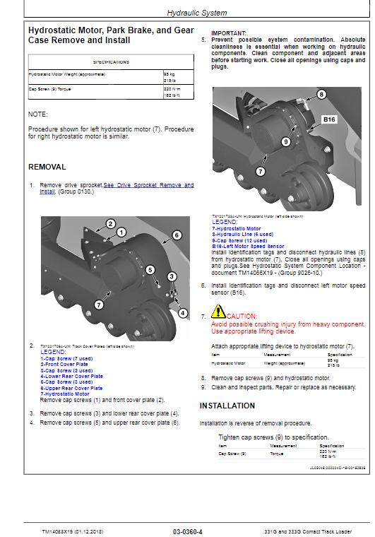 John Deere 331G, 333G Compact Track Loader Service Manual TM14068X19 by