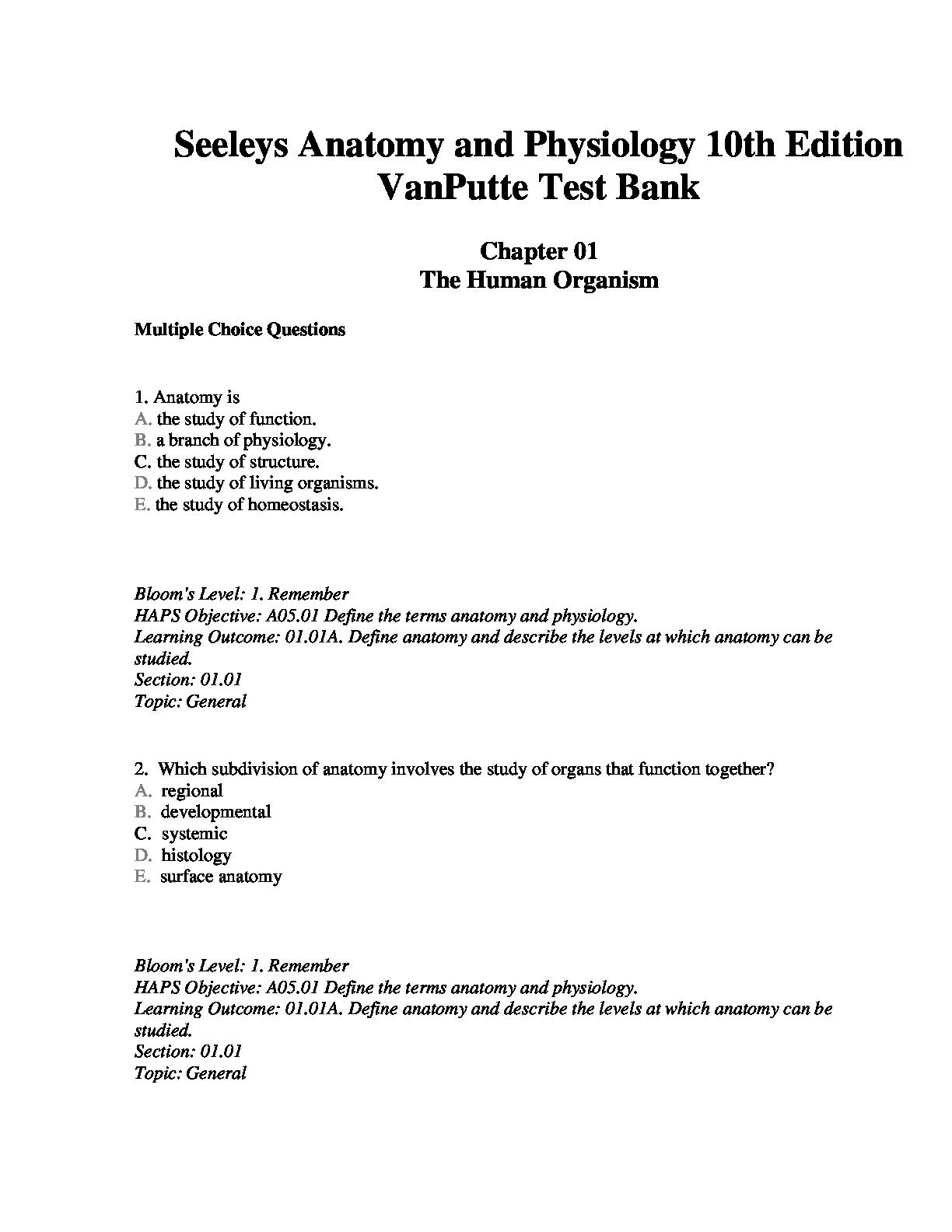 Seeleys Anatomy and Physiology 10th Edition VanPutte Test Bank by