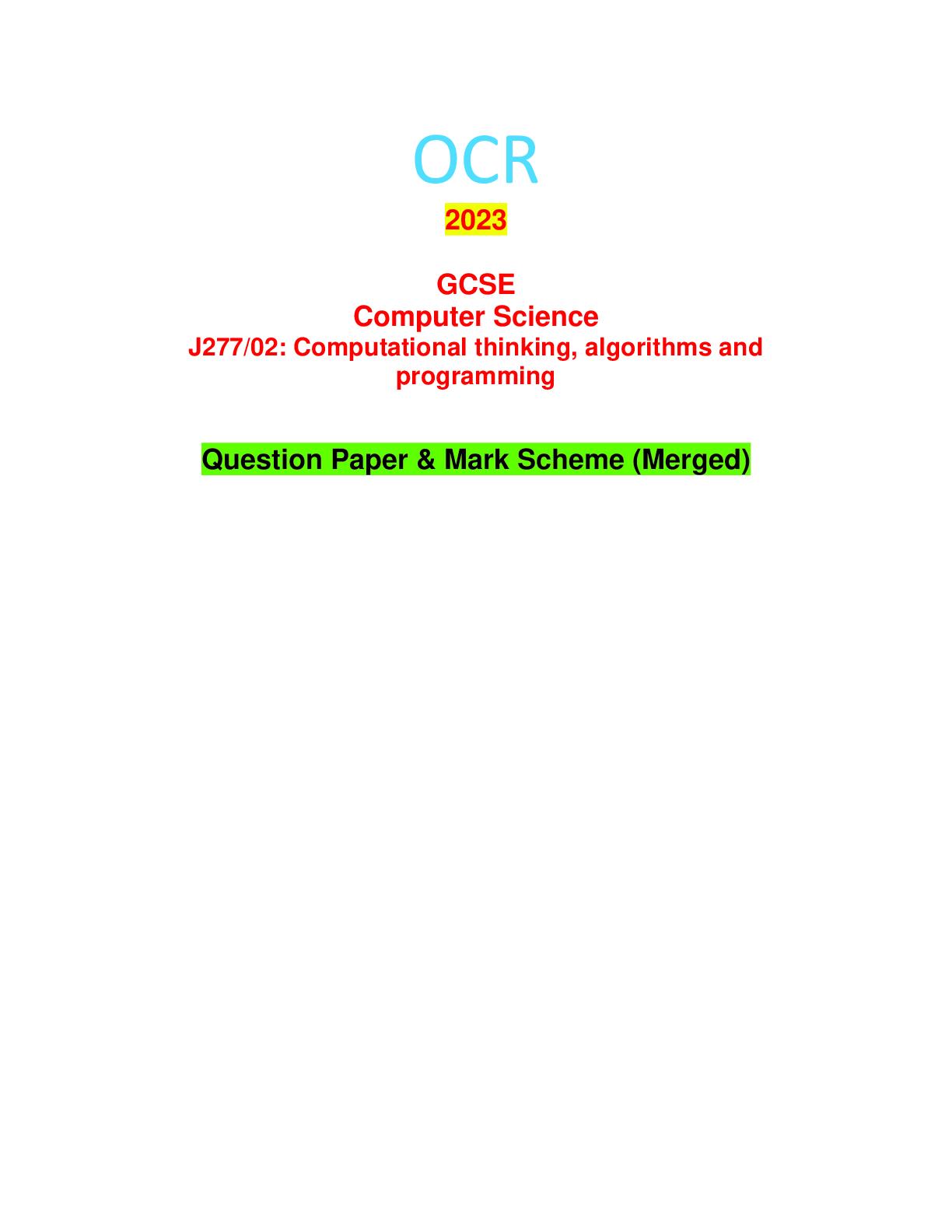 2023 GCSE Computer Science J277/02 Computational thinking, algorithms
