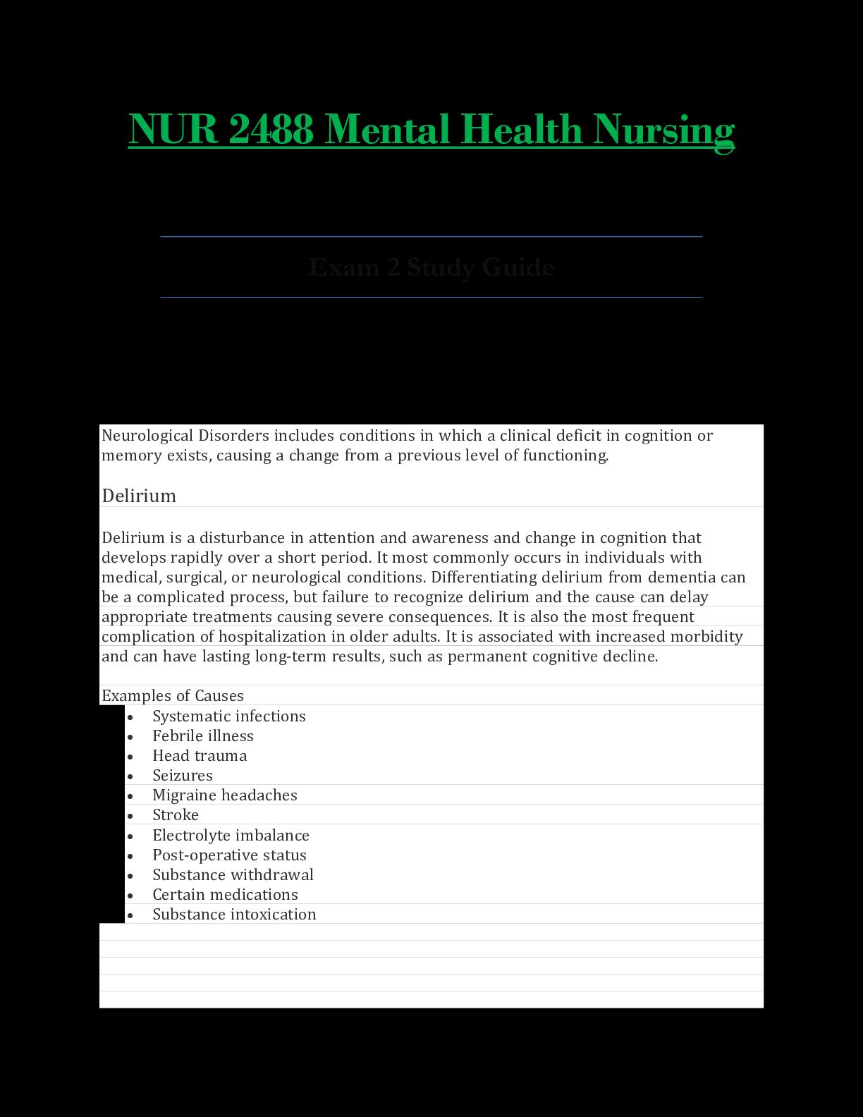 NUR2488 / NUR 2488 Exam 2 Study Guide Updated: Mental Health Nursing ...