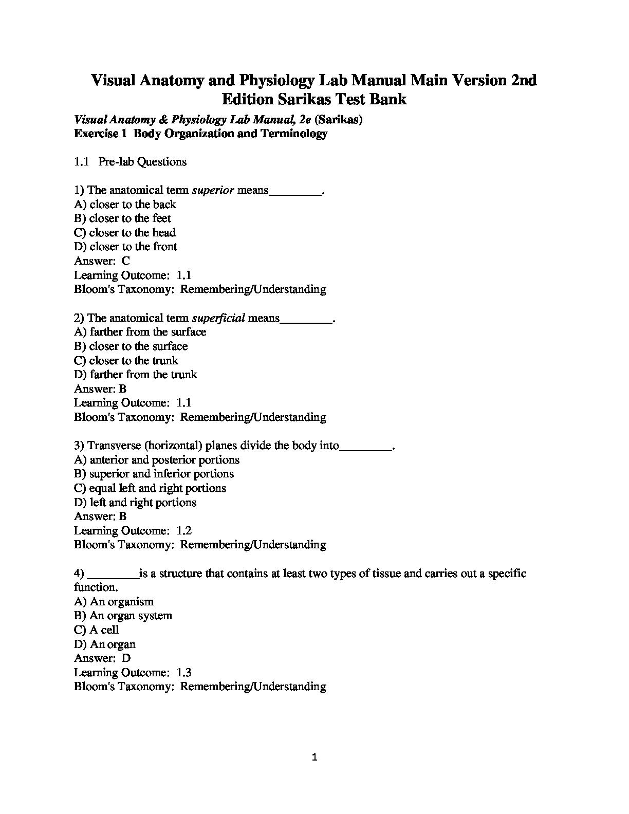 Test Bank for Visual Anatomy and Physiology Lab Manual Main Version 2nd
