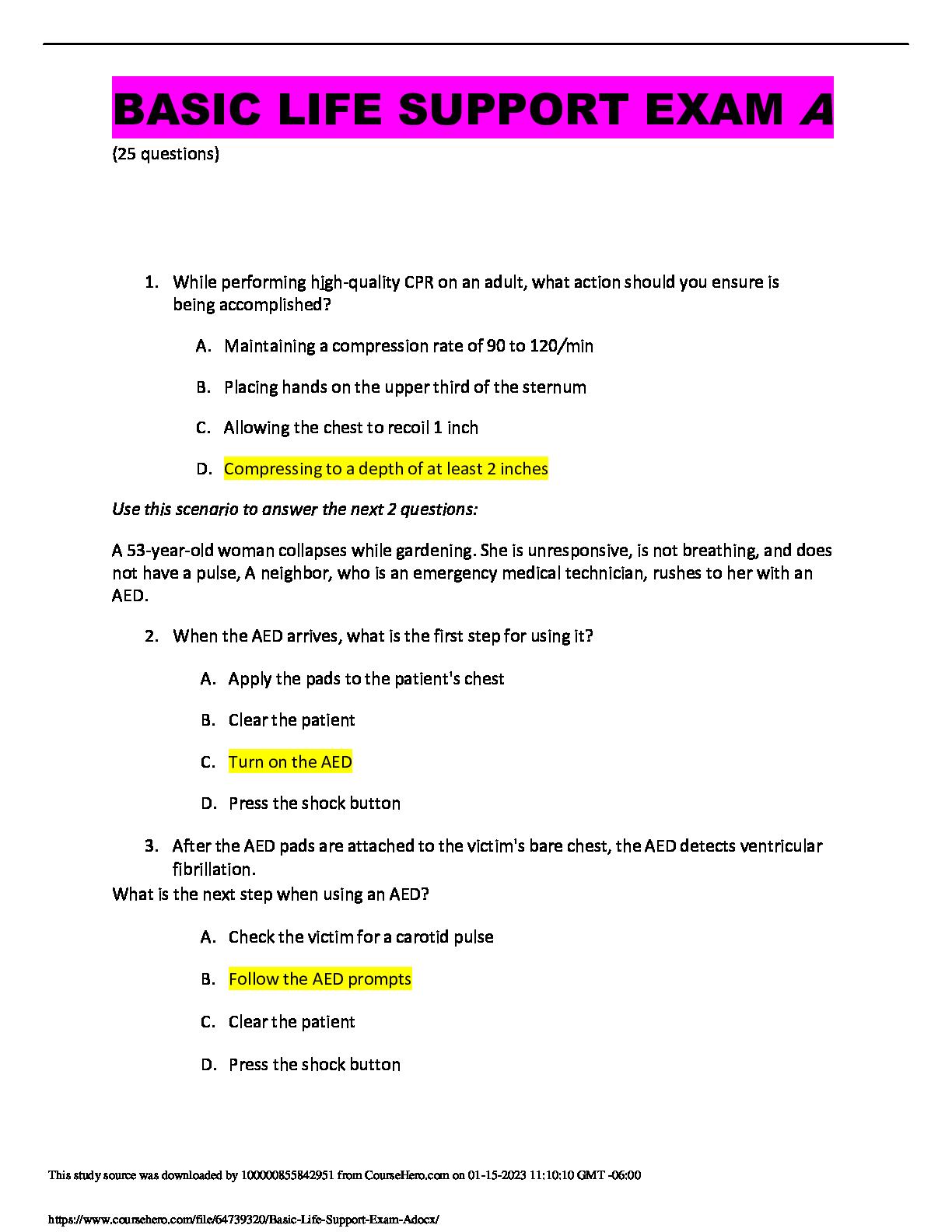 Basic Life Support Exam A (25 questions). Questions and answers, Graded
