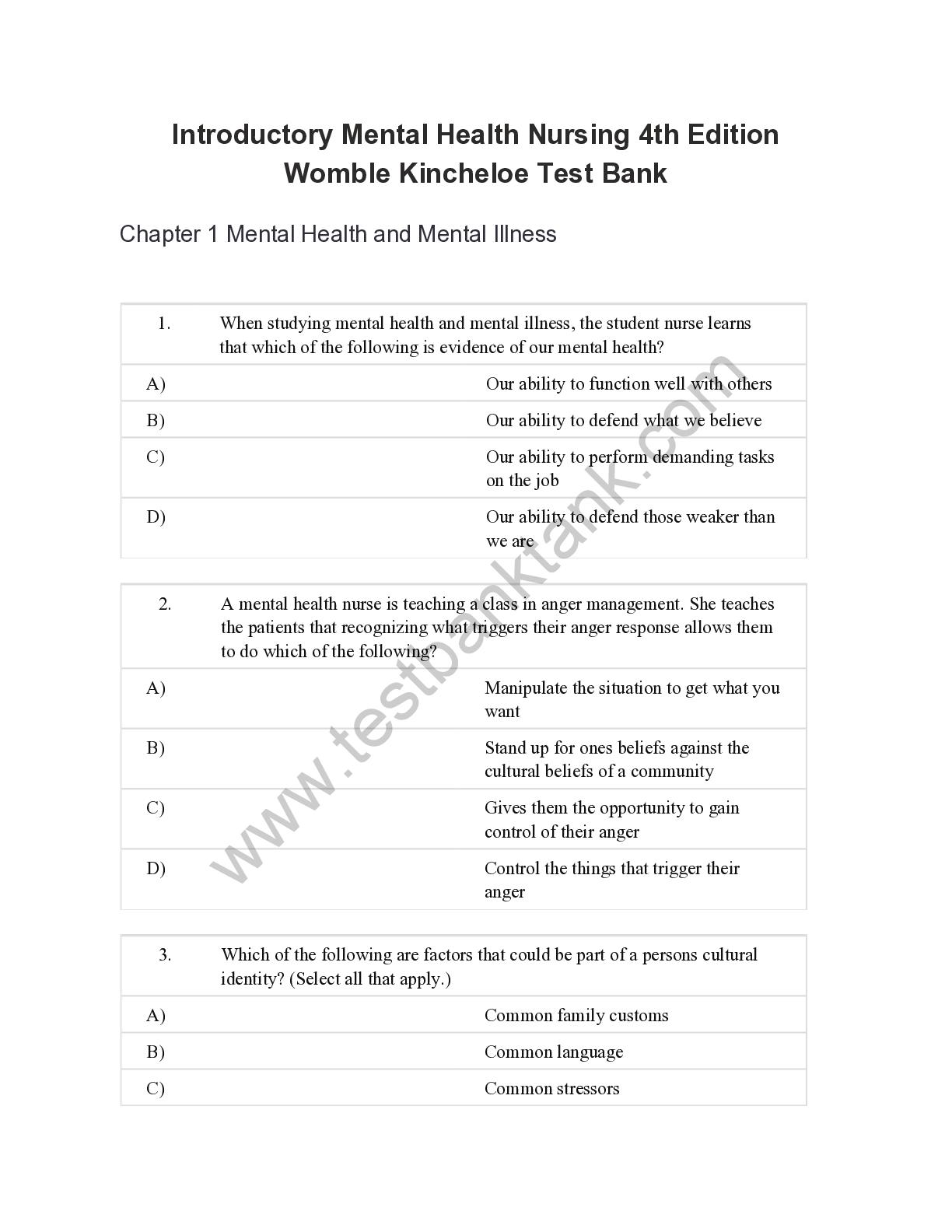 TEST BANK FOR INTRODUCTORY TO MENTAL HEALTH NURSING 4TH EDITION WOMBLE