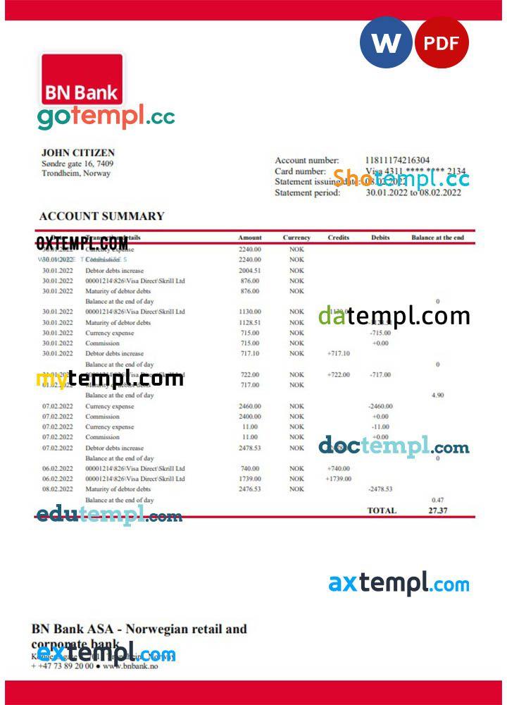 Norway BN bank statement template in Word and PDF format by