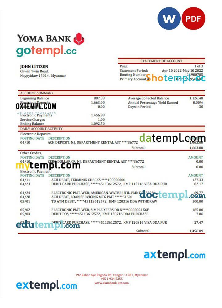 Myanmar Yoma bank statement template in Word and PDF format by