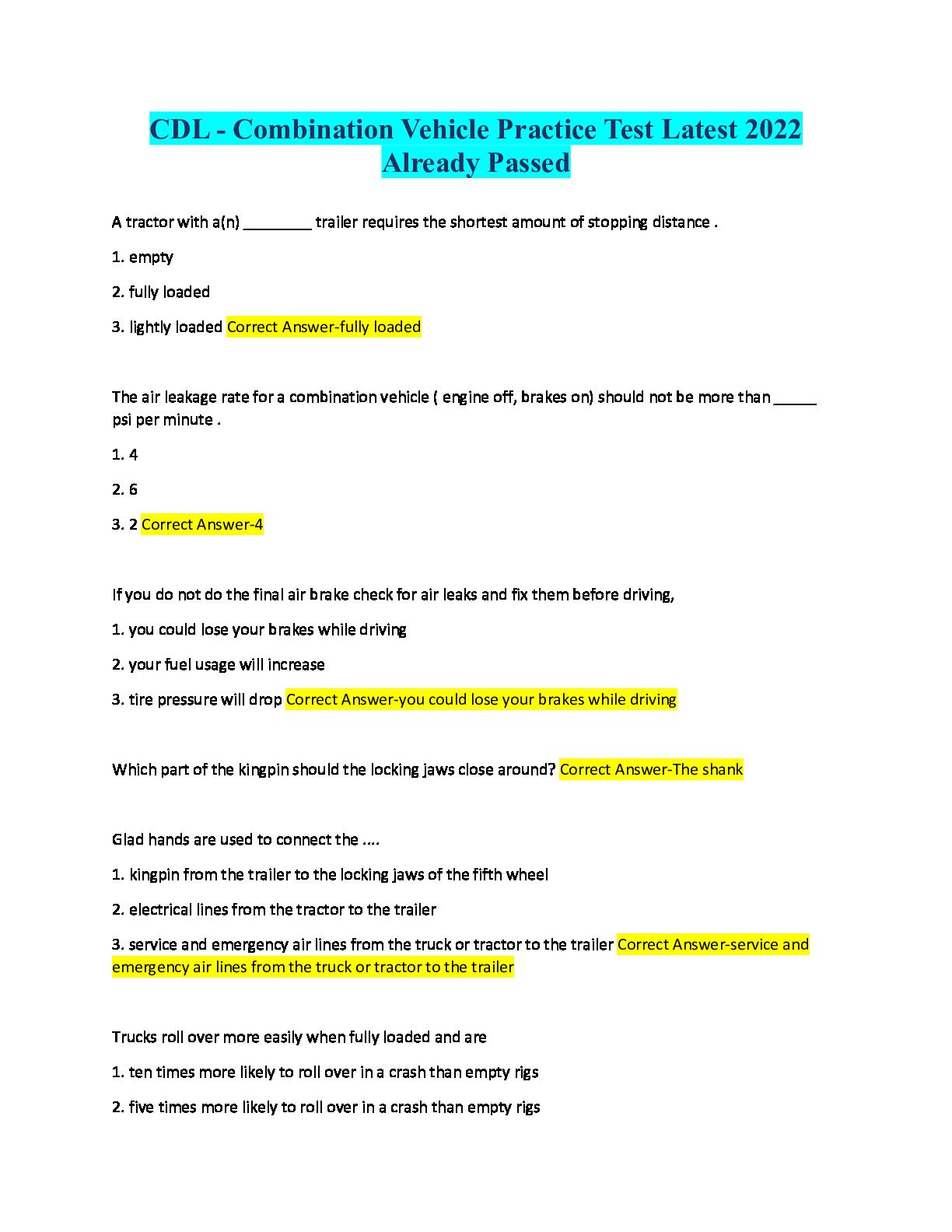 CDL Combination Vehicle Practice Test Latest 2022 Already Passed by