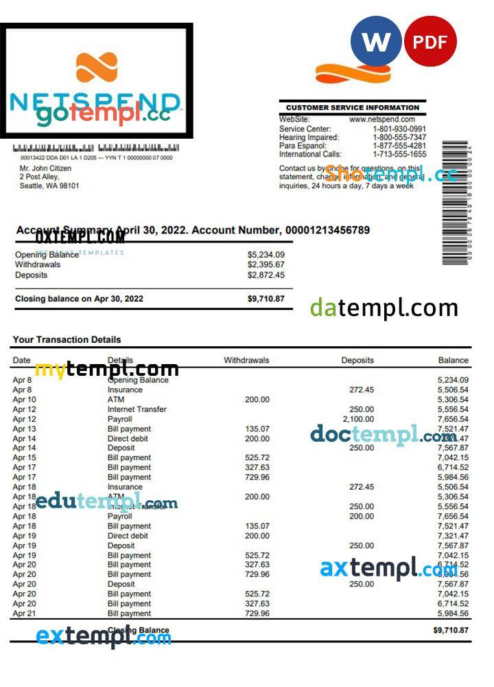 sample USA Netspend bank statement Word and PDF template download by