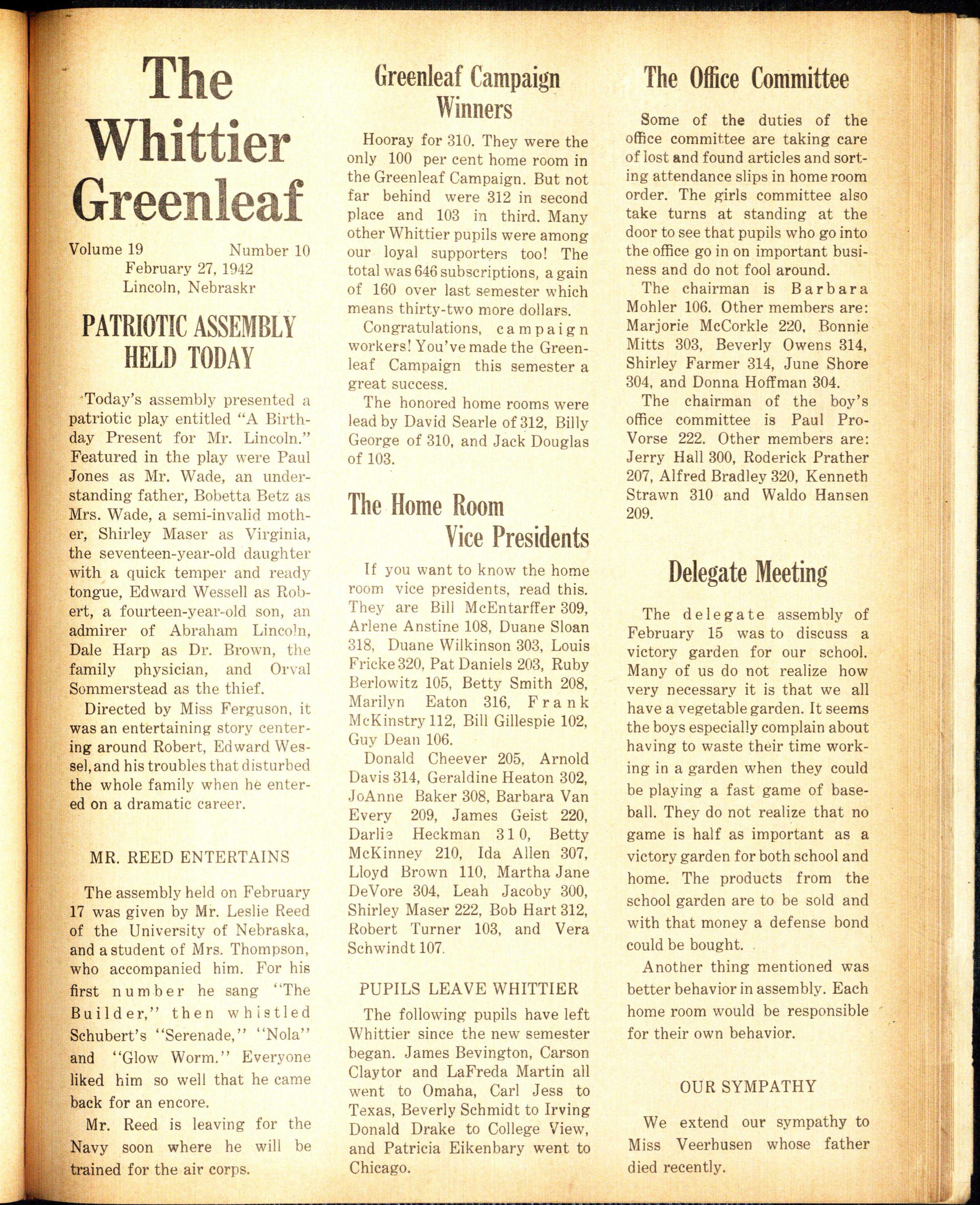 Lincoln Whittier Junior High 1942 Newspaper by Lincoln Public