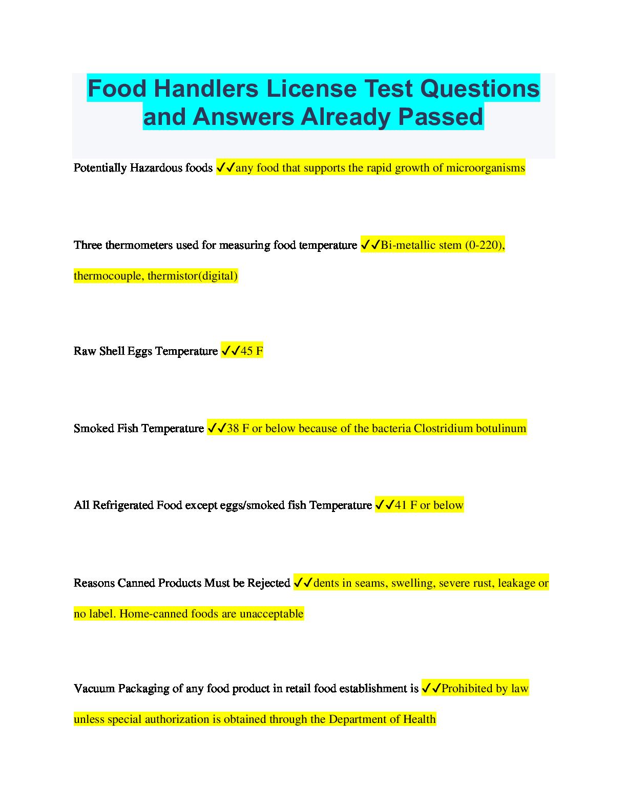 Food Handlers License Test Questions and Answers Already Passed by
