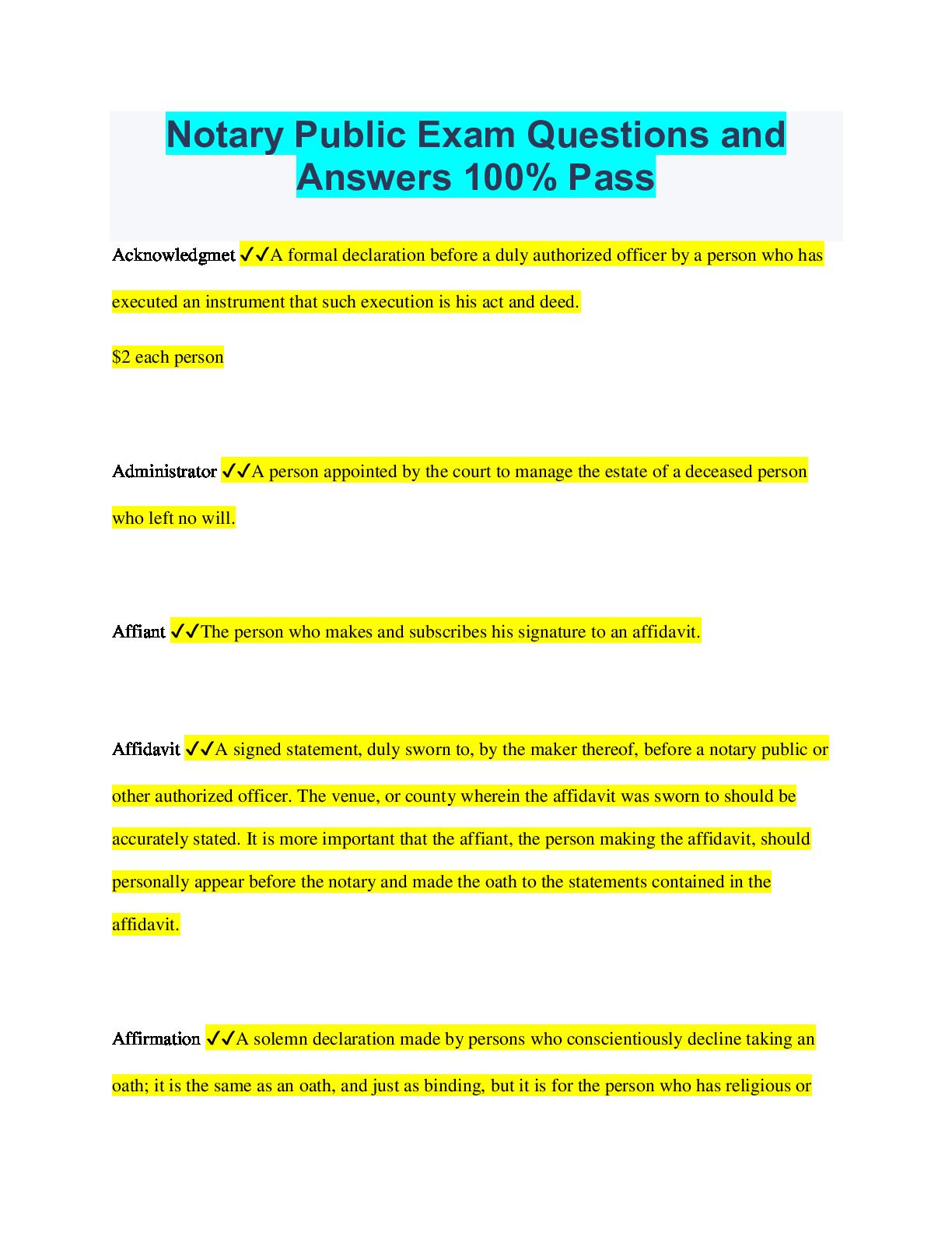 Notary Public Exam Questions and Answers 100 Pass by testbankfor.store