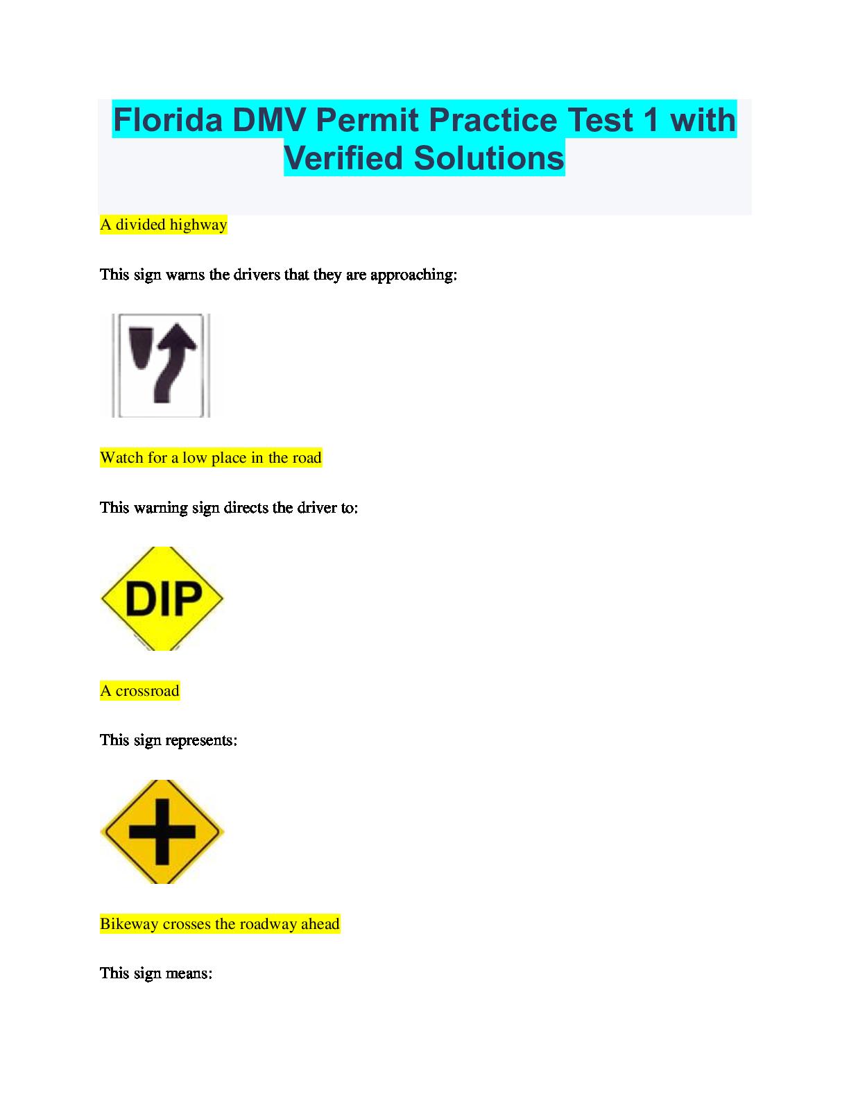 Florida DMV Permit Practice Test 1 with Verified Solutions by