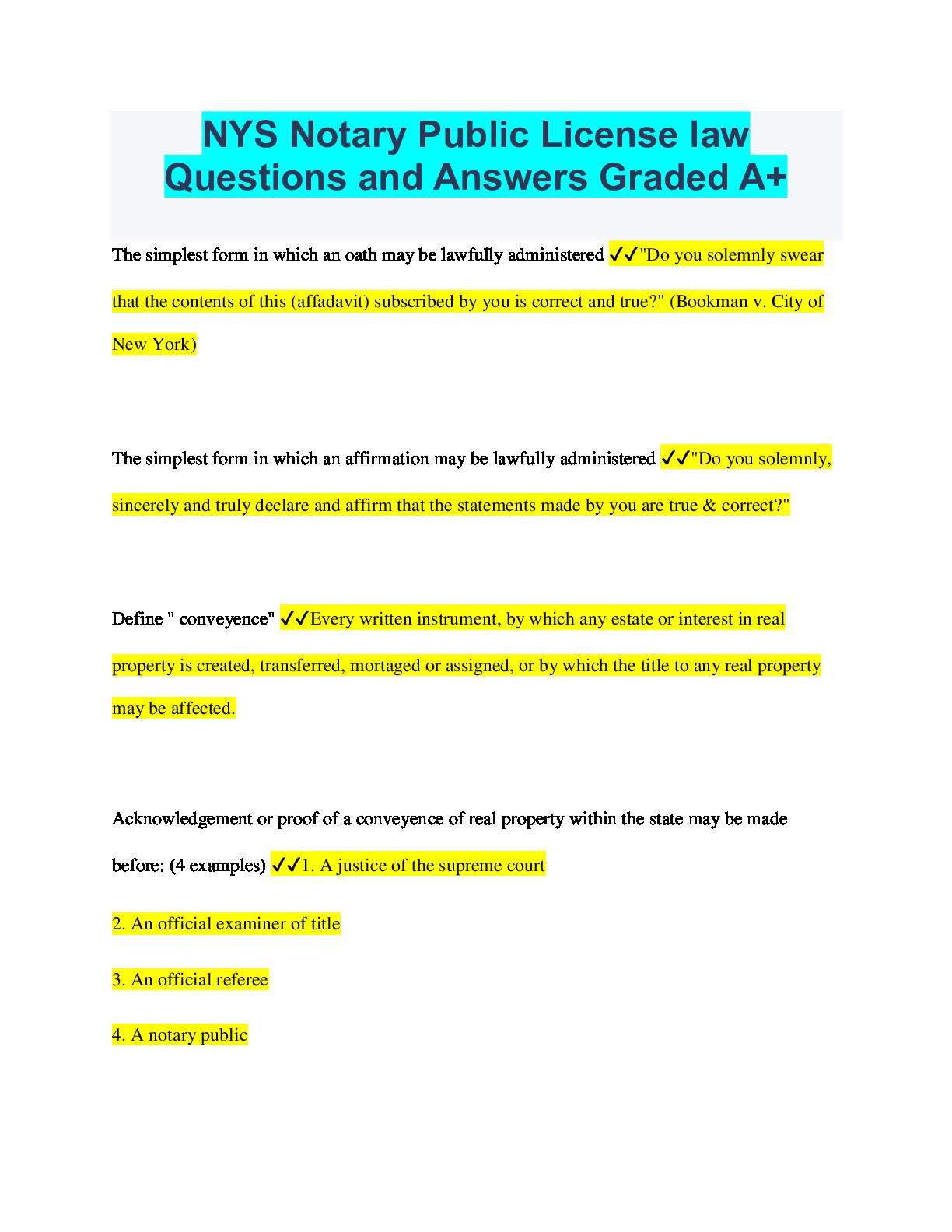 NYS Notary Public License law Questions and Answers Graded A+ by