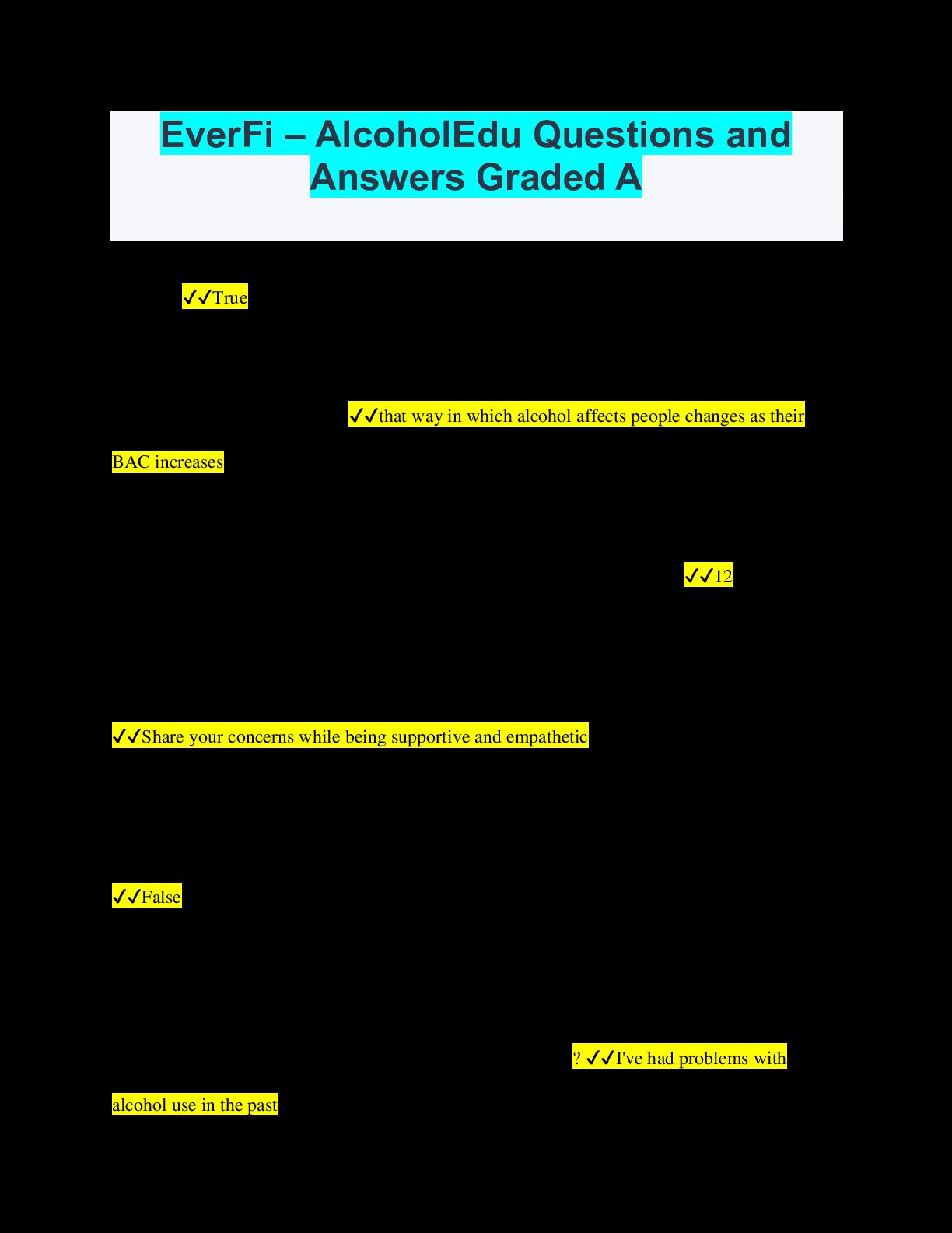 EverFi AlcoholEdu Questions and Answers Graded A by testbankfor.store