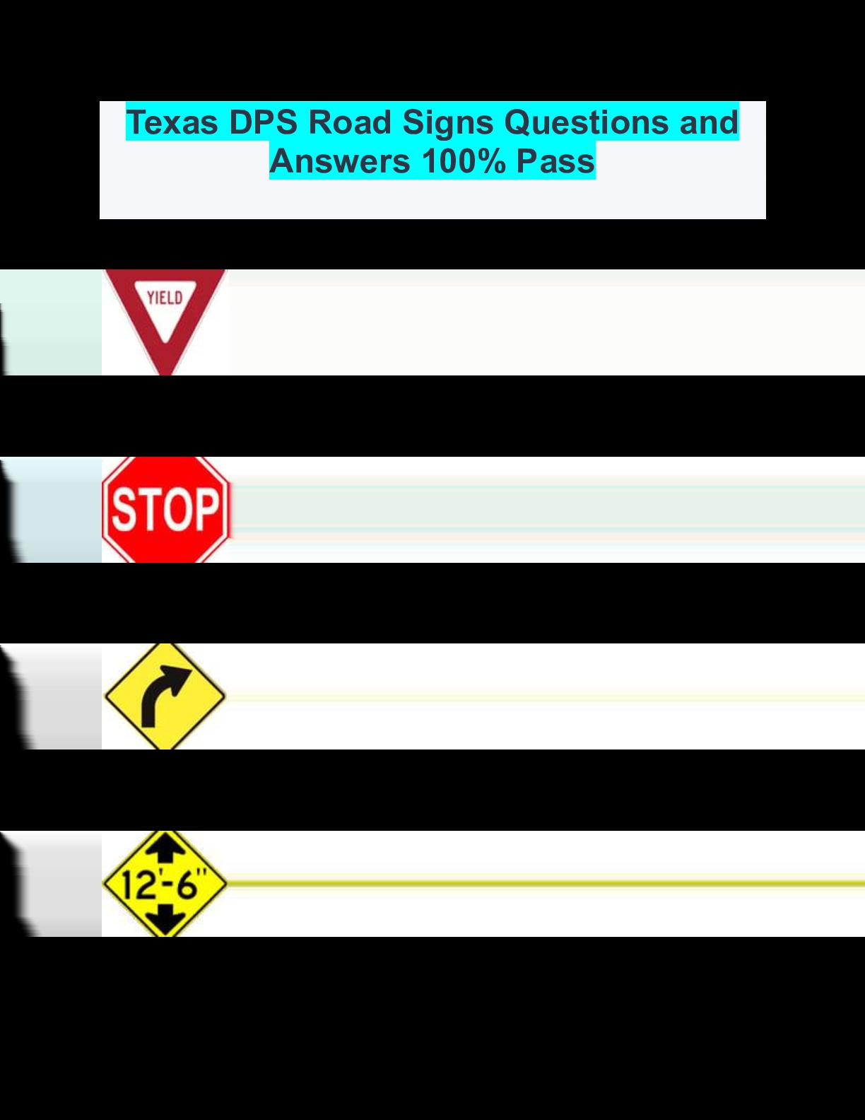 Texas DPS Road Signs Questions and Answers 100 Pass by testbankfor