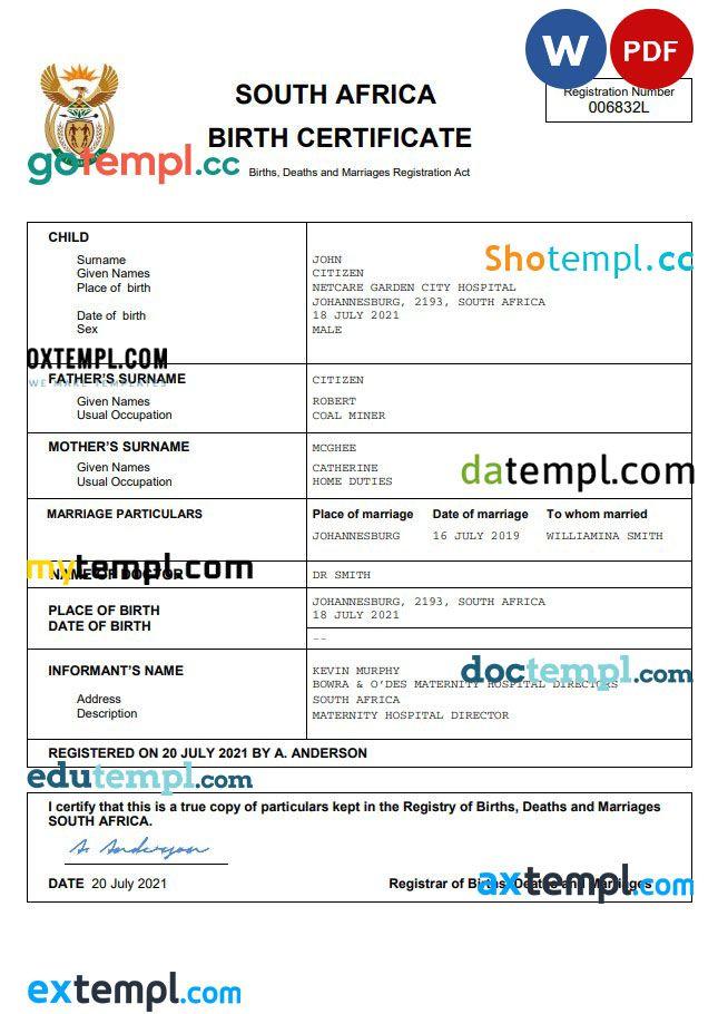 Image 2 for South African Birth Certificate Template