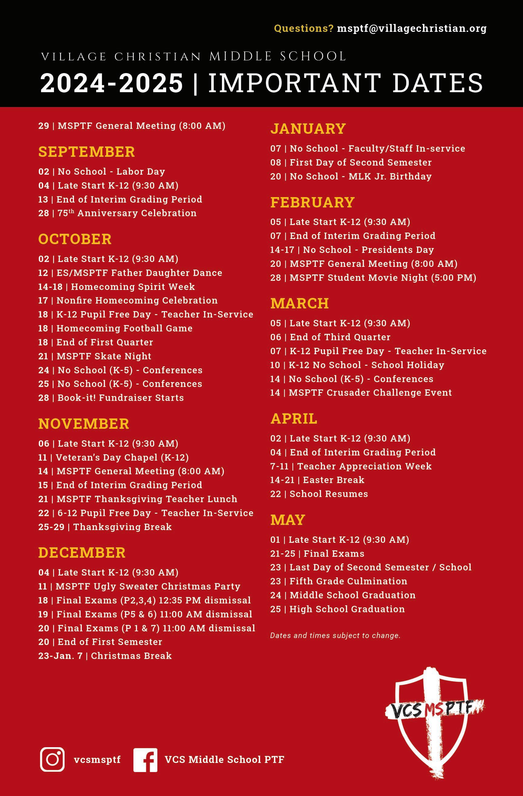 VCS 20242025 MSPTF Calendar by Village Christian School Issuu